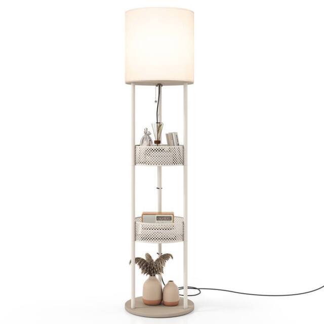 Costway Modern Floor Lamp 3 Tier Shelves White Fabric Shade - image 1