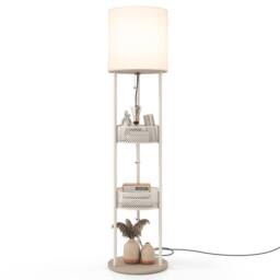 Costway Modern Floor Lamp 3 Tier Shelves White Fabric Shade