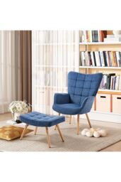 Dark Blue Linen Tufted Armchair with Footstool - thumbnail 1