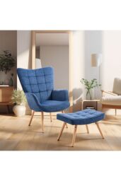 Dark Blue Linen Tufted Armchair with Footstool - thumbnail 3