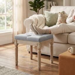 HOMCOM Vintage Foot Stool with Wood Legs, Light Grey - thumbnail 1