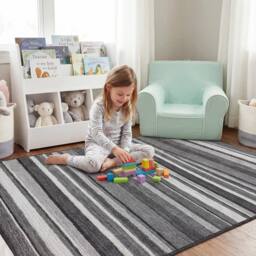 MCC Direct Short Pile Rectangular Striped Pattern Rug Indoor Carpet 6 sizes in Grey - Size: 80 cm x 150 cm - thumbnail 3