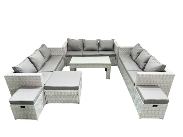 Fimous Rattan Garden Outdoor Furniture Set 12 Seater Garden Sofa Oblong Coffee Table Set with 3 Footstools Light Grey Mixed - image 1