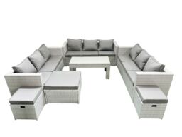 Fimous Rattan Garden Outdoor Furniture Set 12 Seater Garden Sofa Oblong Coffee Table Set with 3 Footstools Light Grey Mixed - thumbnail 1