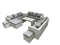 Fimous Rattan Garden Outdoor Furniture Set 12 Seater Garden Sofa Oblong Coffee Table Set with 3 Footstools Light Grey Mixed - thumbnail 2