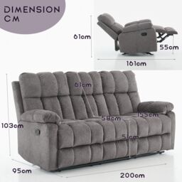 FURNITURE ONE Manual Recliner Sofa, 3 Seater Fabric Upholstery Recliner Sofa in Grey - thumbnail 9