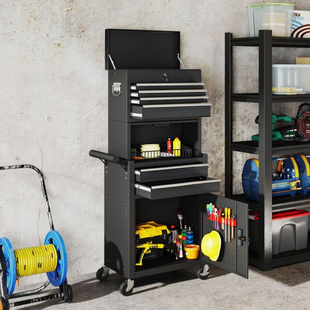 HOMCOM Tool Cabinet with 6 Drawers, 3-in-1 Rolling Tool Chest with Wheels in Black - image 1