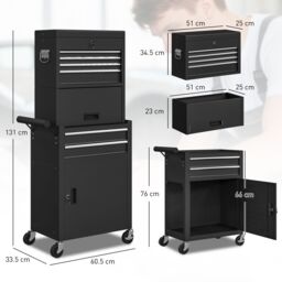 HOMCOM Tool Cabinet with 6 Drawers, 3-in-1 Rolling Tool Chest with Wheels in Black - thumbnail 3