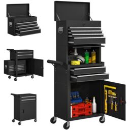 HOMCOM Tool Cabinet with 6 Drawers, 3-in-1 Rolling Tool Chest with Wheels in Black - thumbnail 2