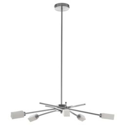 Orsina 5 Frosted Glass Shade Pendant Lamp, Silver Finish Iron Frame Light, Contemporary Luxe Ceiling Fixture