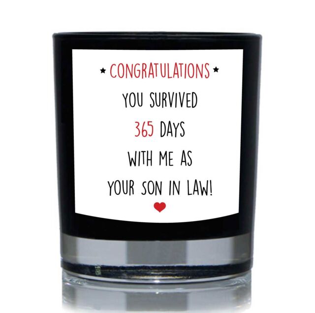 60 SECOND MAKEOVER Congratulations You Survived 365 Days With Me As Your Son In Law Funny 20cl Candle in Black