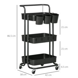 HOMCOM 3-Tier Utility Cart, Serving Trolley with Mesh Baskets Removable in Black - thumbnail 3