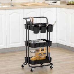 HOMCOM 3-Tier Utility Cart, Serving Trolley with Mesh Baskets Removable in Black
