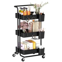 HOMCOM 3-Tier Utility Cart, Serving Trolley with Mesh Baskets Removable in Black - thumbnail 2