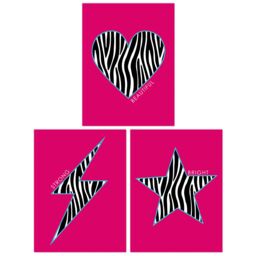 Artery8 Wall Art Print Pack of 3 A4 Zebra Pattern Heart Lightning Star Shape On Block Hot Pink Motivational Living Room s Set - thumbnail 1