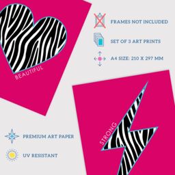 Artery8 Wall Art Print Pack of 3 A4 Zebra Pattern Heart Lightning Star Shape On Block Hot Pink Motivational Living Room s Set - thumbnail 4