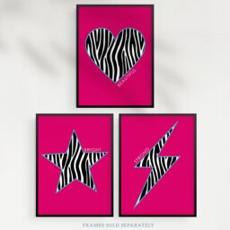 Artery8 Wall Art Print Pack of 3 A4 Zebra Pattern Heart Lightning Star Shape On Block Hot Pink Motivational Living Room s Set - thumbnail 5