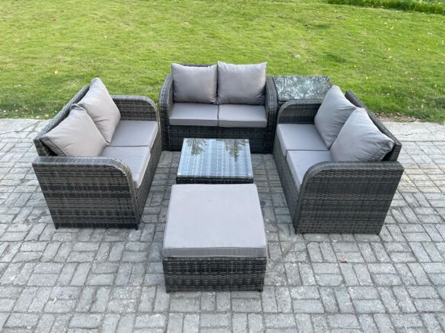 Fimous Outdoor Garden Furniture Sets 7 Seater Wicker Rattan Furniture Sofa Sets with Square Coffee Table Love seat Sofa Footstool in Dark Grey - image 1