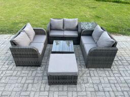 Fimous Outdoor Garden Furniture Sets 7 Seater Wicker Rattan Furniture Sofa Sets with Square Coffee Table Love seat Sofa Footstool in Dark Grey - thumbnail 1