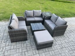 Fimous Outdoor Garden Furniture Sets 7 Seater Wicker Rattan Furniture Sofa Sets with Square Coffee Table Love seat Sofa Footstool in Dark Grey - thumbnail 2