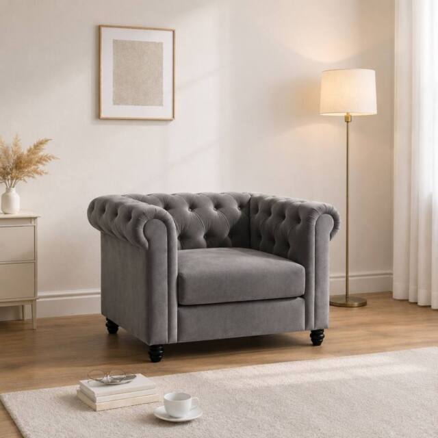 Sofaya Hampton Armchair Chesterfield Seater Sofa Velvet Couch in Grey - Size: 1 Seater - image 1