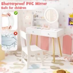 Costway Princess Makeup Dressing Desk & Chair Set Kids Vanity Set-White in White - thumbnail 4