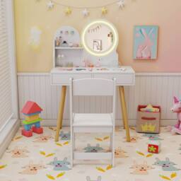 Costway Princess Makeup Dressing Desk & Chair Set Kids Vanity Set-White in White - thumbnail 2