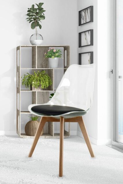 Fusion Living Soho Clear Plastic Dining Chair with Squared Light Wood Legs in Black - image 1