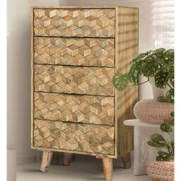 Jaipur Furniture Ltd Geometric 5 Drawer Tall Chest - Mango Wood - L40 x W55 x H118 cm - Mango Light Finish in Brown - thumbnail 7