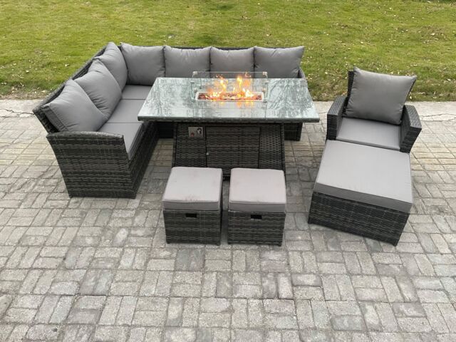 Fimous 10 Seater Outdoor Rattan Garden Furniture Set Corner Sofa Gas Fire Pit Dining Table Sets with 3 Footstools Armchair Dark Grey Mixed - image 1