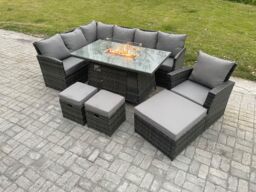 Fimous 10 Seater Outdoor Rattan Garden Furniture Set Corner Sofa Gas Fire Pit Dining Table Sets with 3 Footstools Armchair Dark Grey Mixed - thumbnail 2