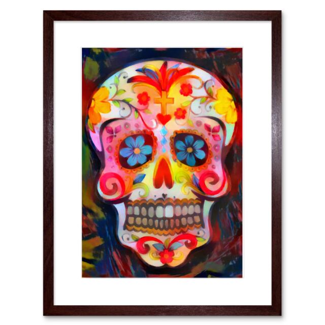 "Artery8 Wall Art Print Day of The Dead Skull Oil Paint Framed in Brown - Size: W7"" x H9""" - image 1