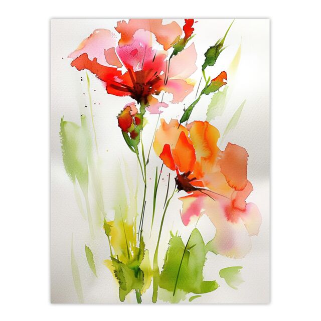 "Artery8 Abstract Flowers Red Green Watercolour Painting Wall Art Print - Size: W18"" x H24""" - image 1