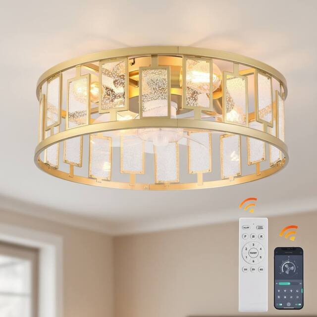 NIVOR 4 Light Gold Crystal Caged Ceiling Fan with Remote/APP Reversible E27 in Metallic Gold - image 1