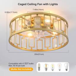 NIVOR 4 Light Gold Crystal Caged Ceiling Fan with Remote/APP Reversible E27 in Metallic Gold - thumbnail 2