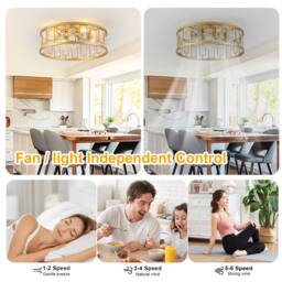 NIVOR 4 Light Gold Crystal Caged Ceiling Fan with Remote/APP Reversible E27 in Metallic Gold - thumbnail 3