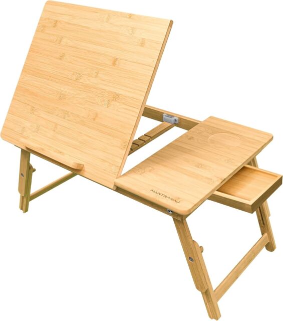 MANTRARAJ Bamboo Laptop Desk Adjustable Height with Drawer Study Table Bed Desk in Brown - image 1