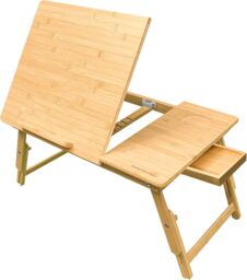 MANTRARAJ Bamboo Laptop Desk Adjustable Height with Drawer Study Table Bed Desk in Brown