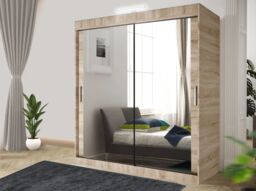 RAC3 Sliding Mirror Wardrobe with LED, Drawers - Modern Bedroom Storage 150cm in Light Oak - thumbnail 1