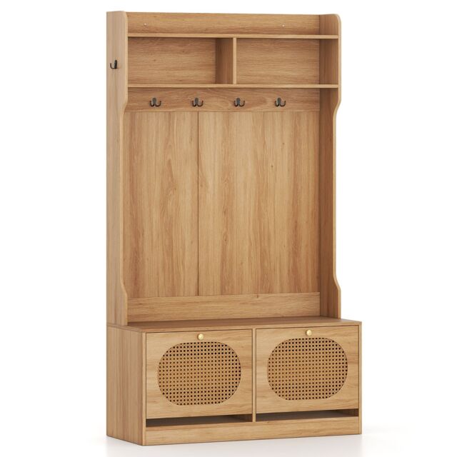 Gymax 4-In-1 Hall Tree Entryway Bench With Coat Hanging Hooks Flip Drawers in Khaki - image 1