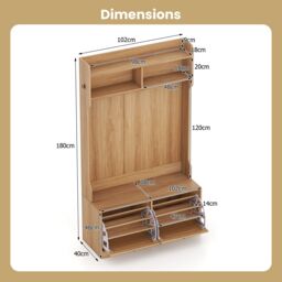 Gymax 4-In-1 Hall Tree Entryway Bench With Coat Hanging Hooks Flip Drawers in Khaki - thumbnail 2