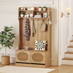 Gymax 4-In-1 Hall Tree Entryway Bench With Coat Hanging Hooks Flip Drawers in Khaki - thumbnail 5