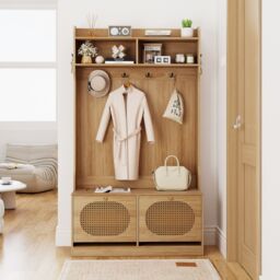 Gymax 4-In-1 Hall Tree Entryway Bench With Coat Hanging Hooks Flip Drawers in Khaki - thumbnail 4