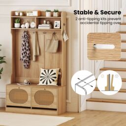 Gymax 4-In-1 Hall Tree Entryway Bench With Coat Hanging Hooks Flip Drawers in Khaki - thumbnail 8