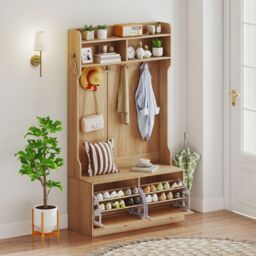 Gymax 4-In-1 Hall Tree Entryway Bench With Coat Hanging Hooks Flip Drawers in Khaki - thumbnail 3