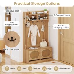 Gymax 4-In-1 Hall Tree Entryway Bench With Coat Hanging Hooks Flip Drawers in Khaki - thumbnail 6