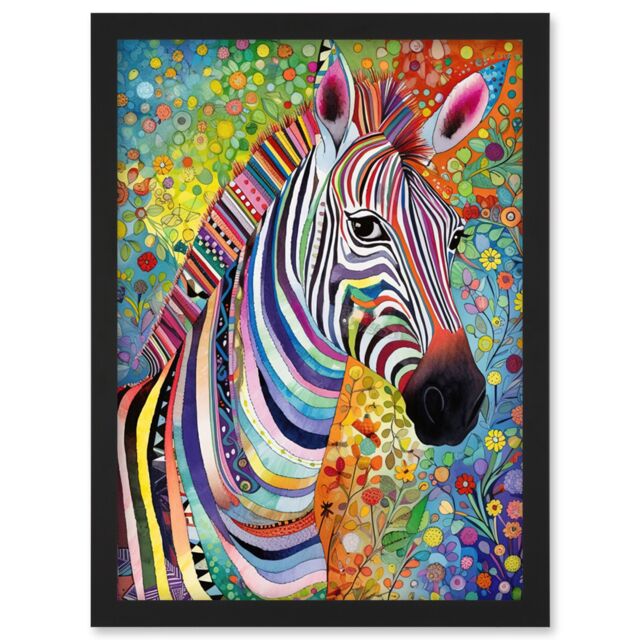 Artery8 Folk Art Zebra Colourful Flower Boho Artwork Framed Wall Art Print A4 in Black - image 1