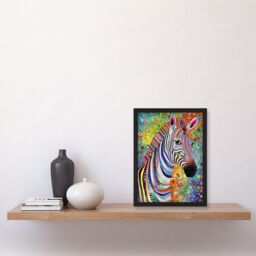 Artery8 Folk Art Zebra Colourful Flower Boho Artwork Framed Wall Art Print A4 in Black - thumbnail 2