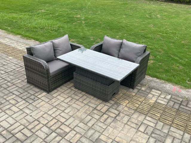 Fimous Outdoor Rattan Furniture Garden Dining Set Height Adjustable Rising lifting Table With Love Sofa Dark Grey Mixed - image 1