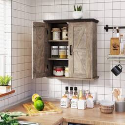 Costway Bathroom Wall Cabinet Farmhouse Medicine Cabinet w/ 2 Doors & Shelves in Grey - thumbnail 5